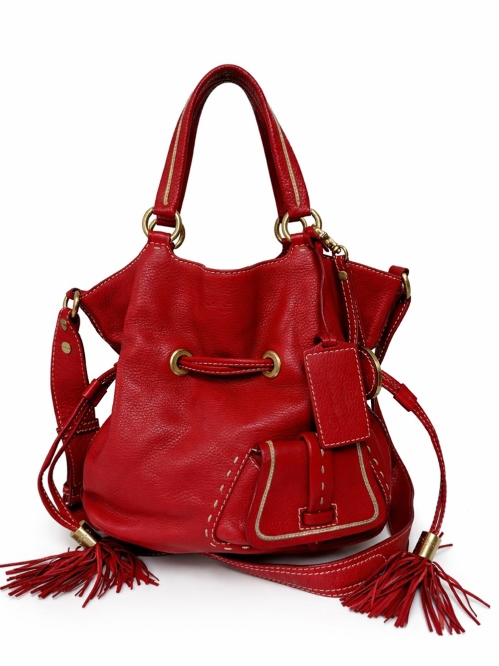 Lancel Red Pebbled Leather Shoulder Bag with Tassel Details